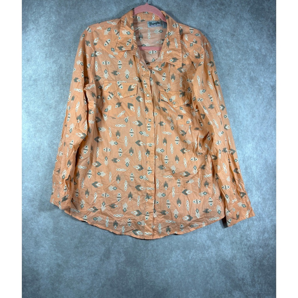 Wrangler Western Shirt Womens XL Orange Wrancher Aztec Snap Front Long Sleeve